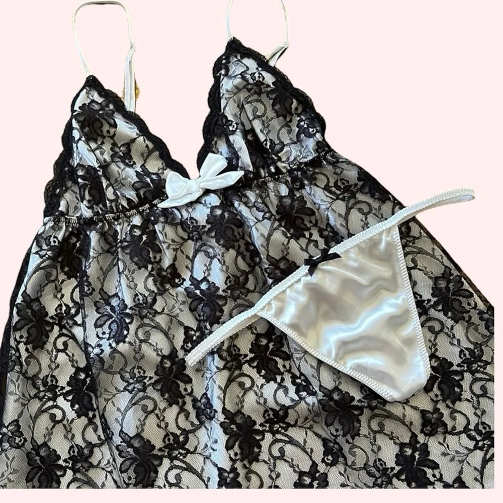 Victorias Secret Babydoll Black Lace & Satin Cami Nightie & Panty Lingerie Set - Picture 14 of 16